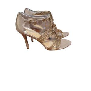 Gianni Bini Metallic Gold Fabric w Rhinestones Strappy Stiletto Heels
